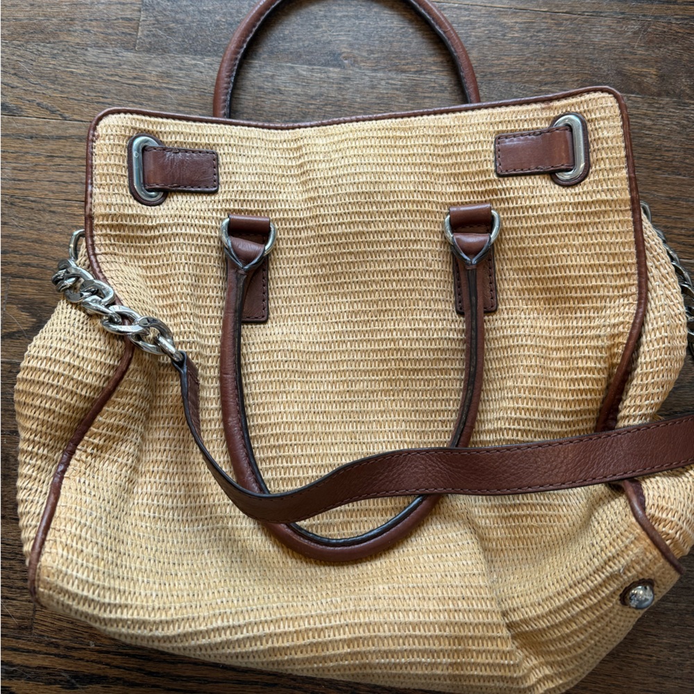 Authentic Michael Kors hamilton tote in raffia/straw and chocolate brown leather - Picture 3 of 5